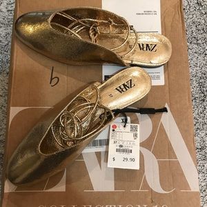 Zara Tied Metallic Ballerina Flats// NWT